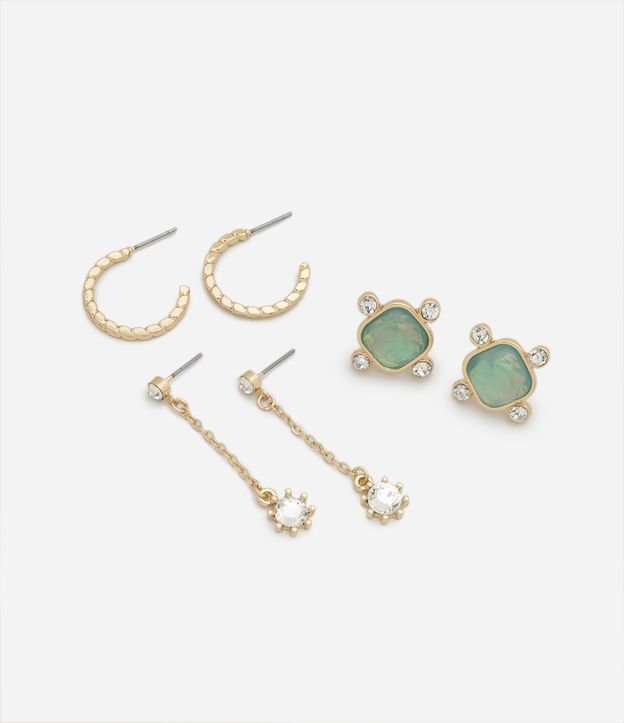 Kit 03 Brincos 01 Meia Argola 01 Fio de Strass 01 Botão com Pedras