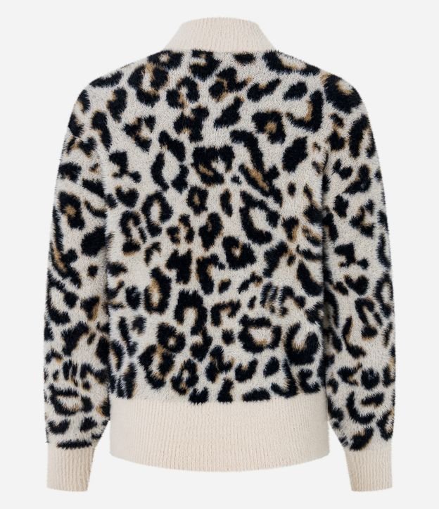 Suéter em Tricô com Estampa Animal Print e Textura de Pelinhos Off White/ Preto 8