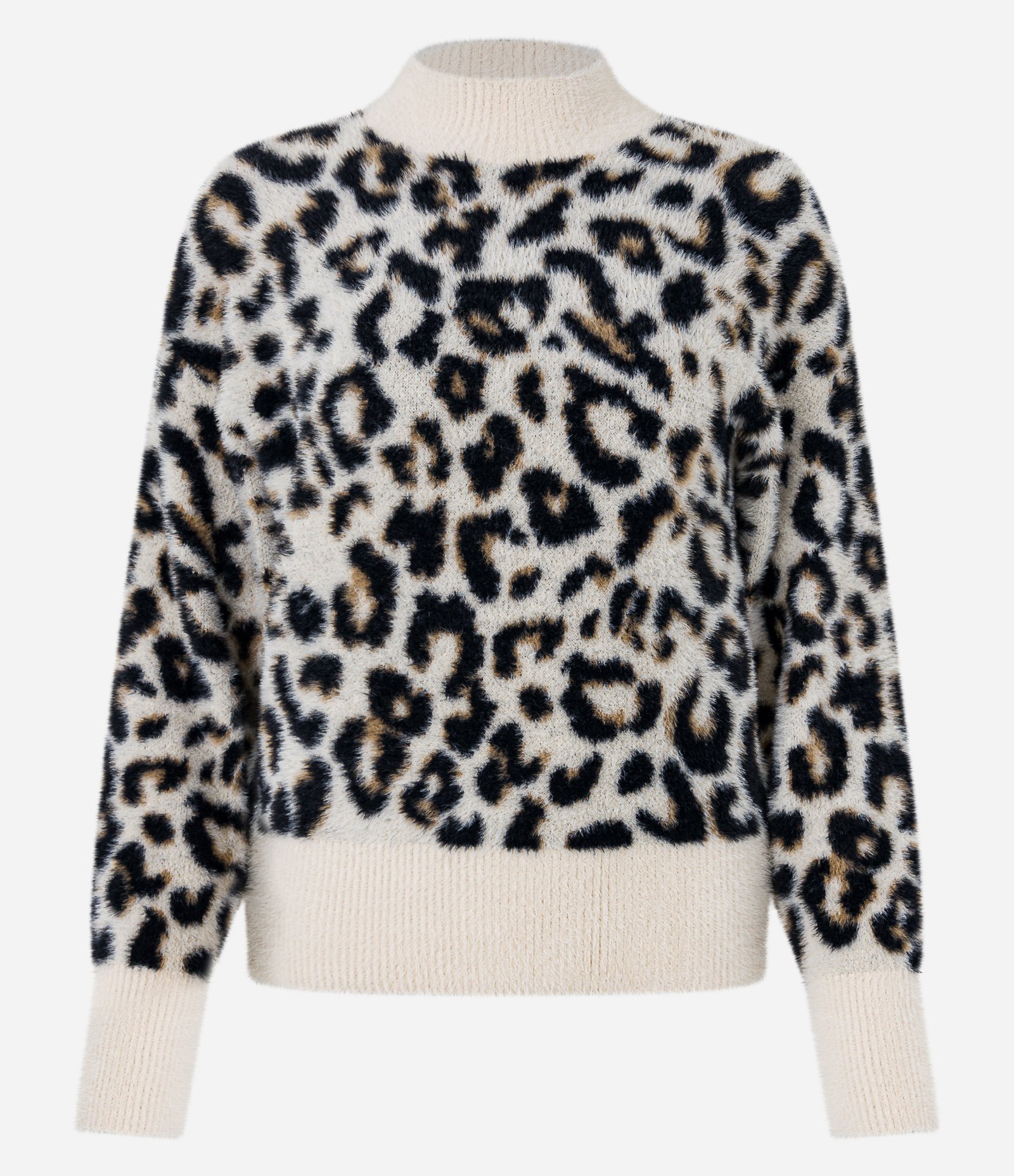 Suéter em Tricô com Estampa Animal Print e Textura de Pelinhos Off White/ Preto 7