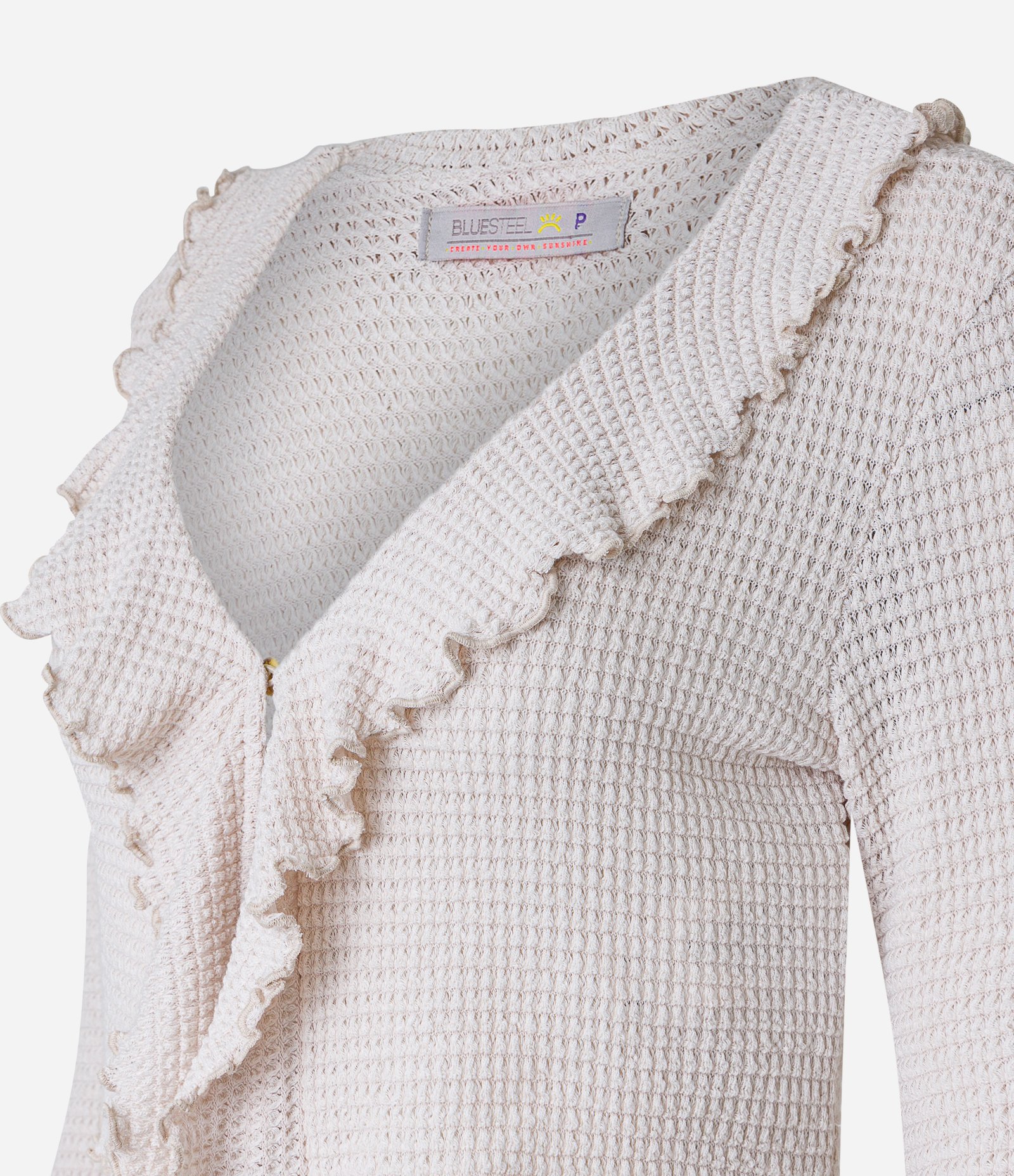 Blusa Cropped em Tricô Leve e Babados Alongados no Decote Branco Neve 6