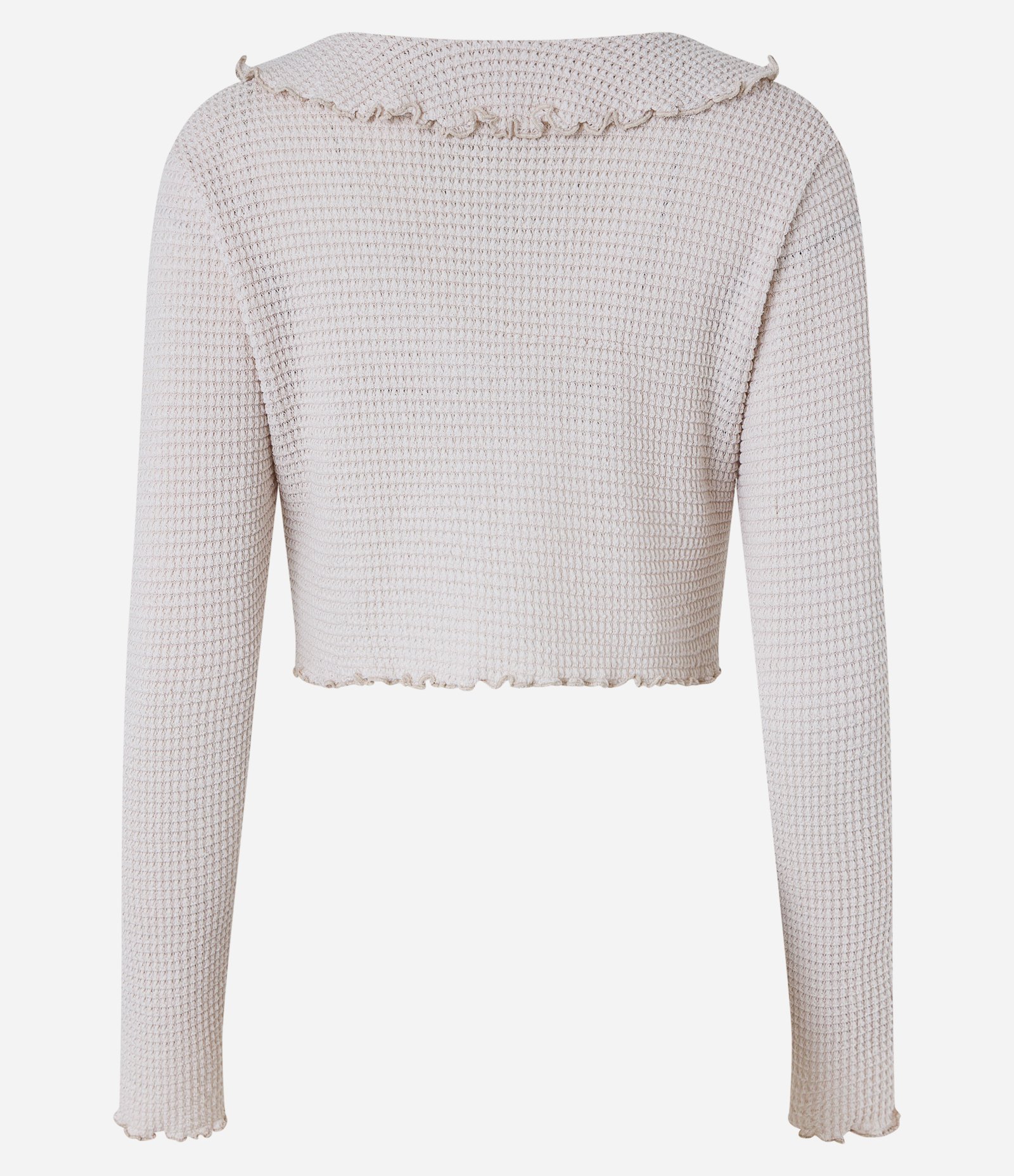 Blusa Cropped em Tricô Leve e Babados Alongados no Decote Branco Neve 7