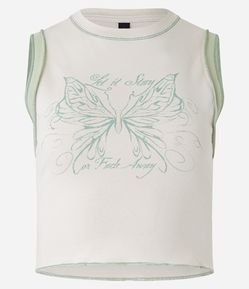 Blusa sem Manga em Ribana com Costura do Avesso e Estampa Borboleta