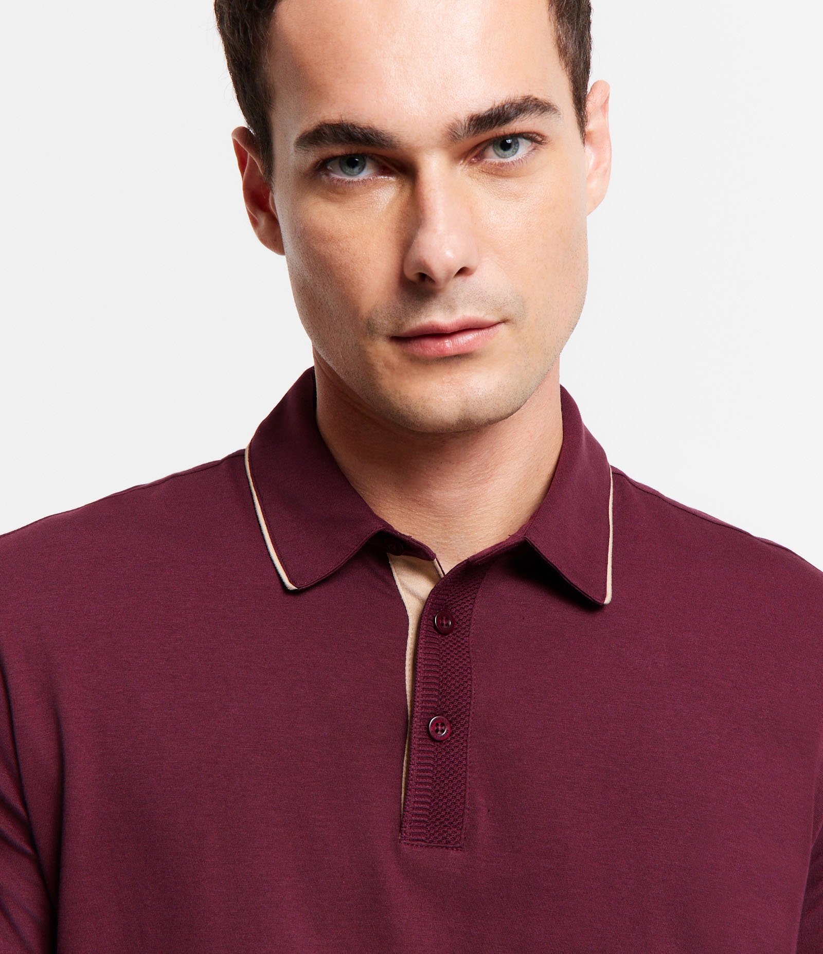 Camiseta Polo Regular em Algodão com Detalhe Texturizado Vermelho Vinho