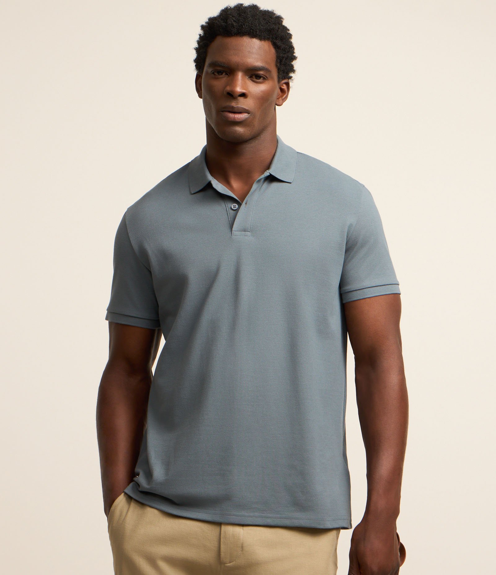 Camisa Polo Comfort em Algodão Peruano Azul Médio 1