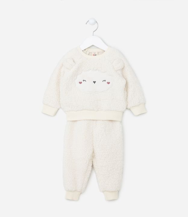 Conjunto Infantil em Sherpa com Carinha de Ovelha Bordada - Tam 0 a 18 meses