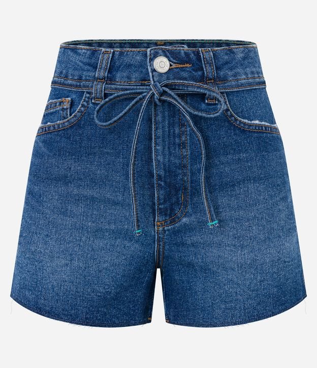 Short Cintura Alta em Jeans com Cordão e Barra a Fio Azul 5