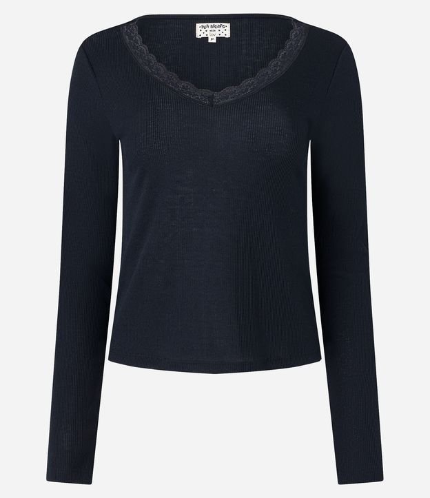 Blusa de Pijama em Ribana com Renda no Decote