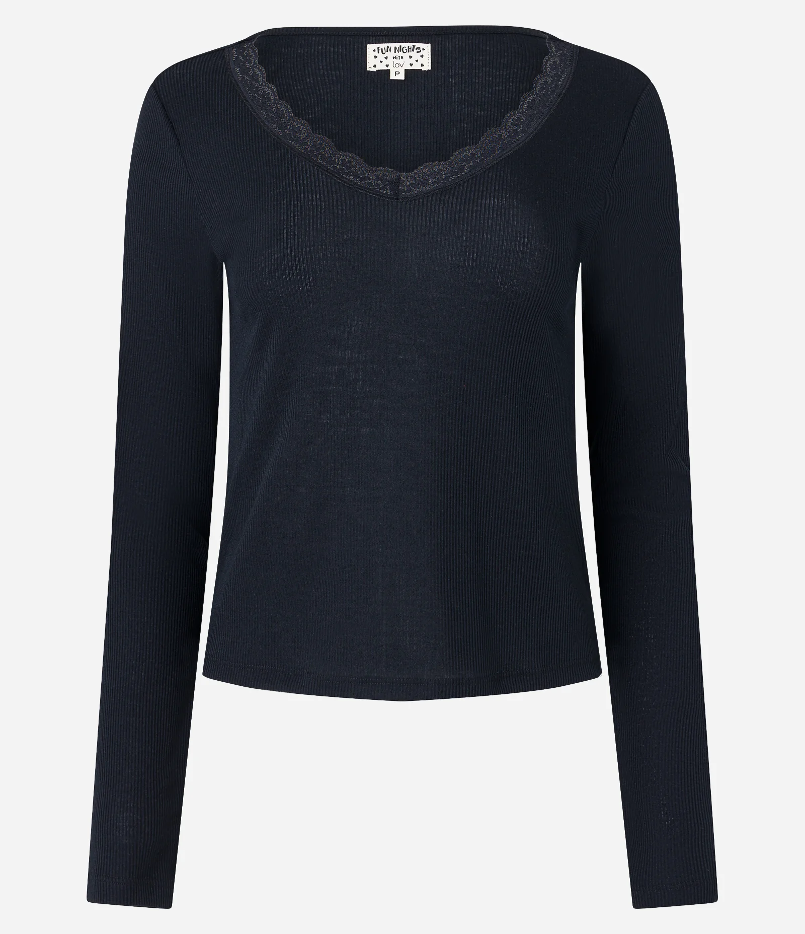 Blusa de Pijama em Ribana com Renda no Decote Preto 1