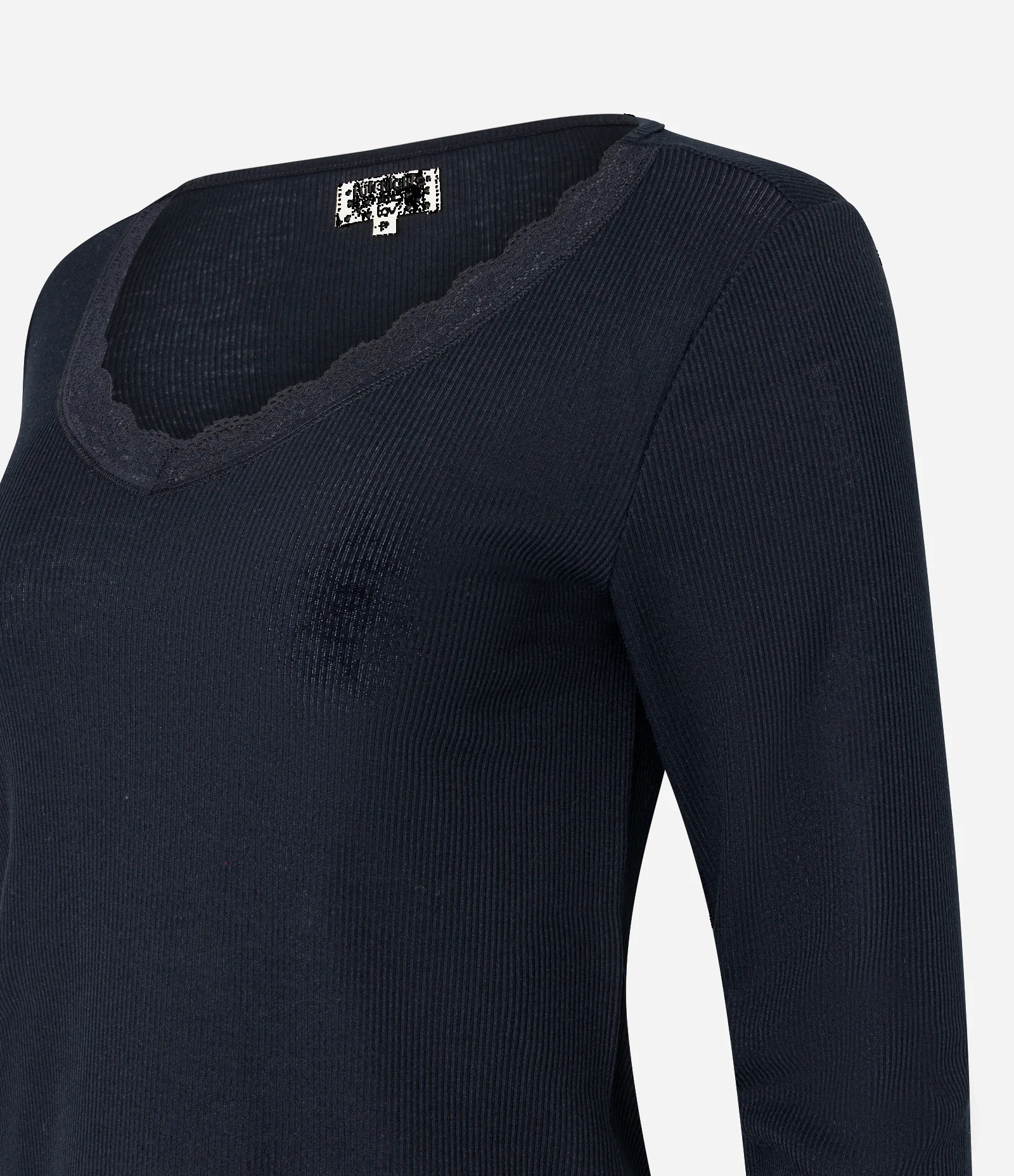 Blusa de Pijama em Ribana com Renda no Decote Preto 2