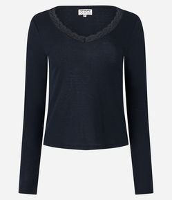 Blusa de Pijama em Ribana com Renda no Decote