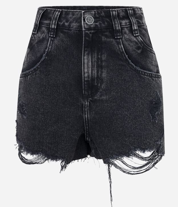 Short Cintura Alta em Jeans com Puídos e Bolsos Duplos Preto 5