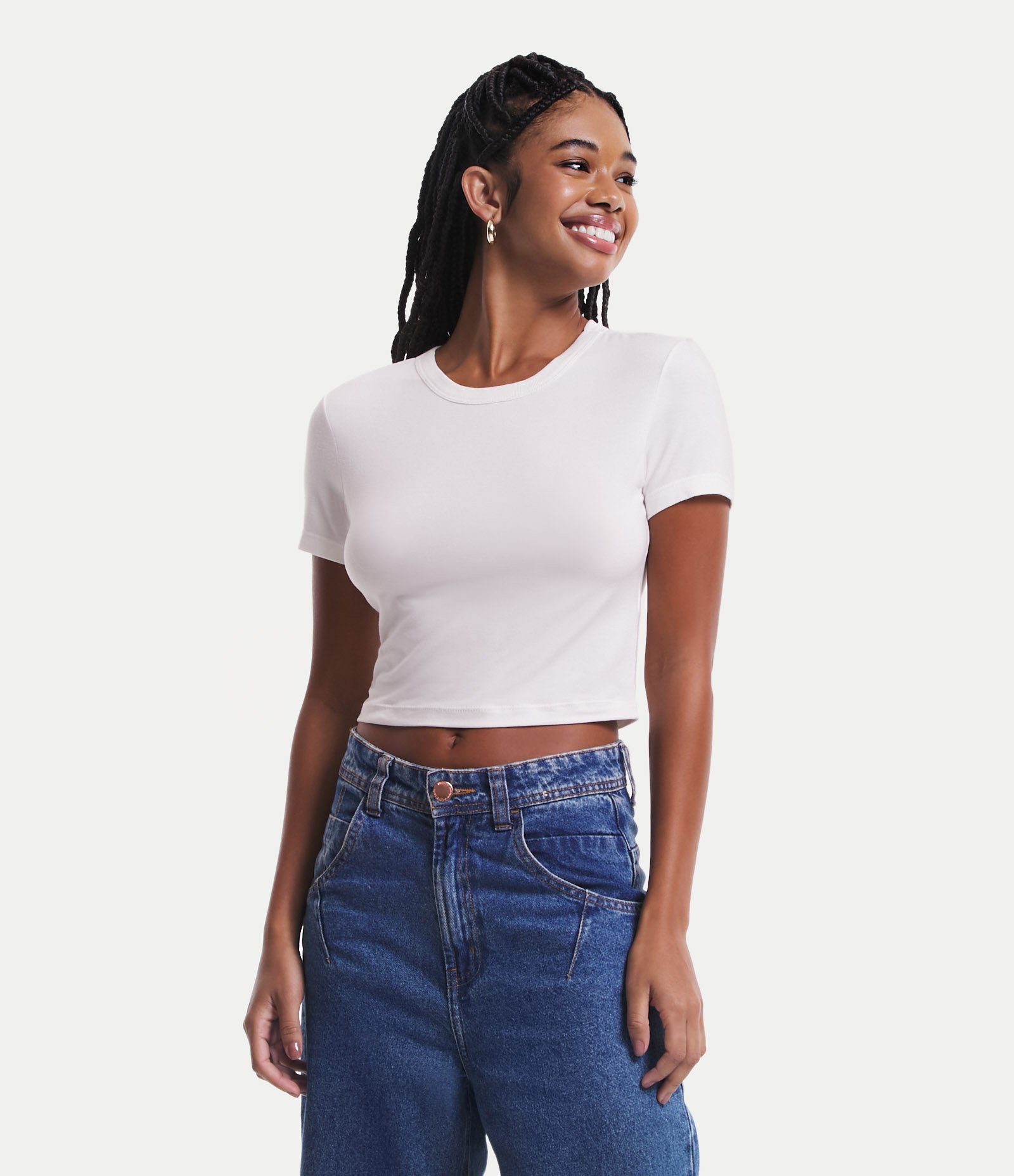 Blusa Cropped Básica em Viscose com Manga Curta Branco 1