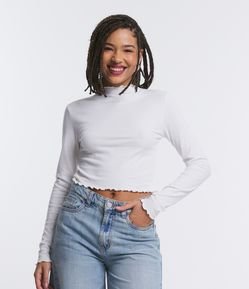 Blusa Cropped Manga Longa em Viscose Canelada com Frufru
