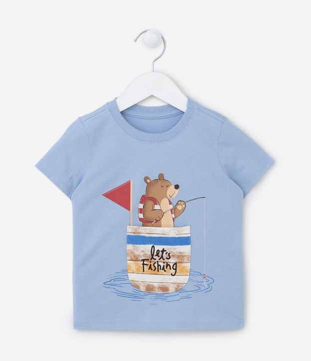 Camiseta Infantil com Estampa Interativa de Ursinho no Bolso - Tam 1 a 5 anos Azul 1