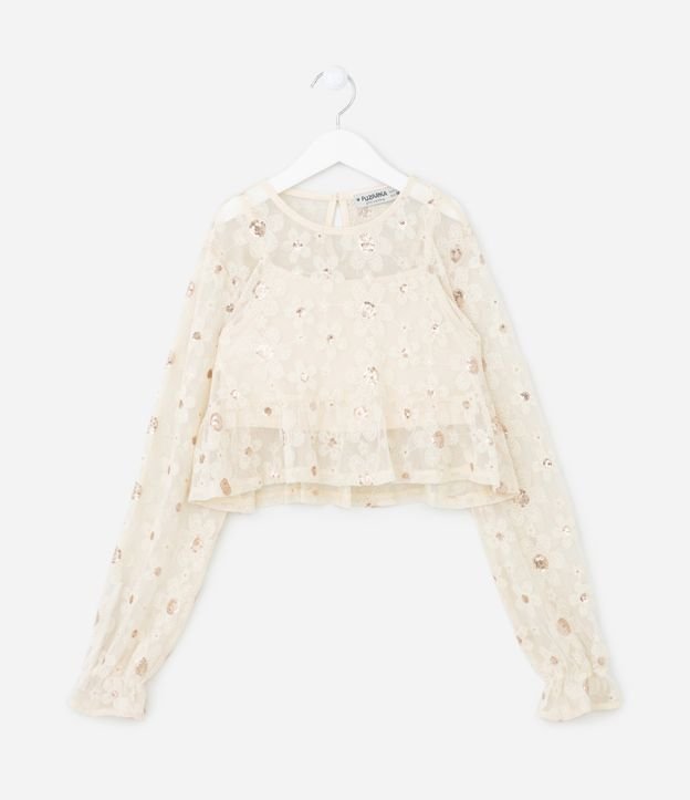 Blusa Infantil em Tule com Babadinho e Paetê - Tam 5 a 14