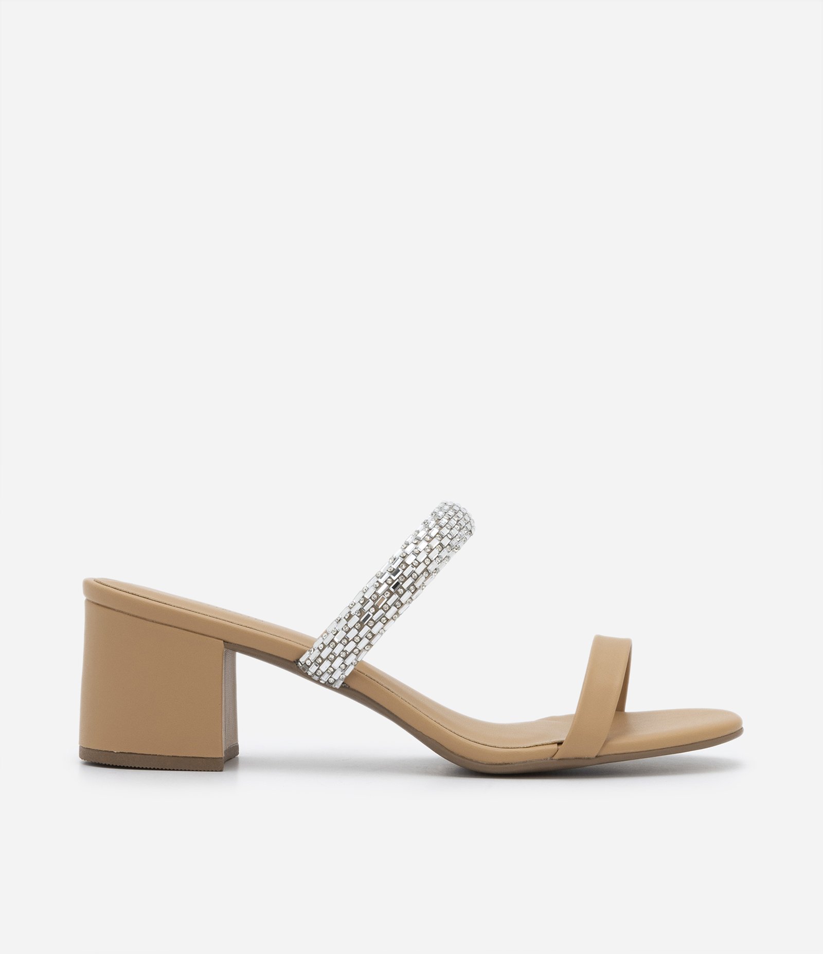 Sandália Mule com Salto Bloco e Tira de Strass Bege 1