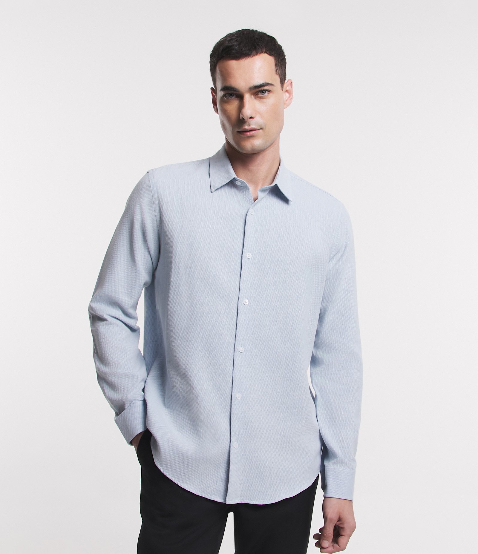 Camisa Regular com Textura Maquinetada e Gola Colarinho Azul Bebê 1