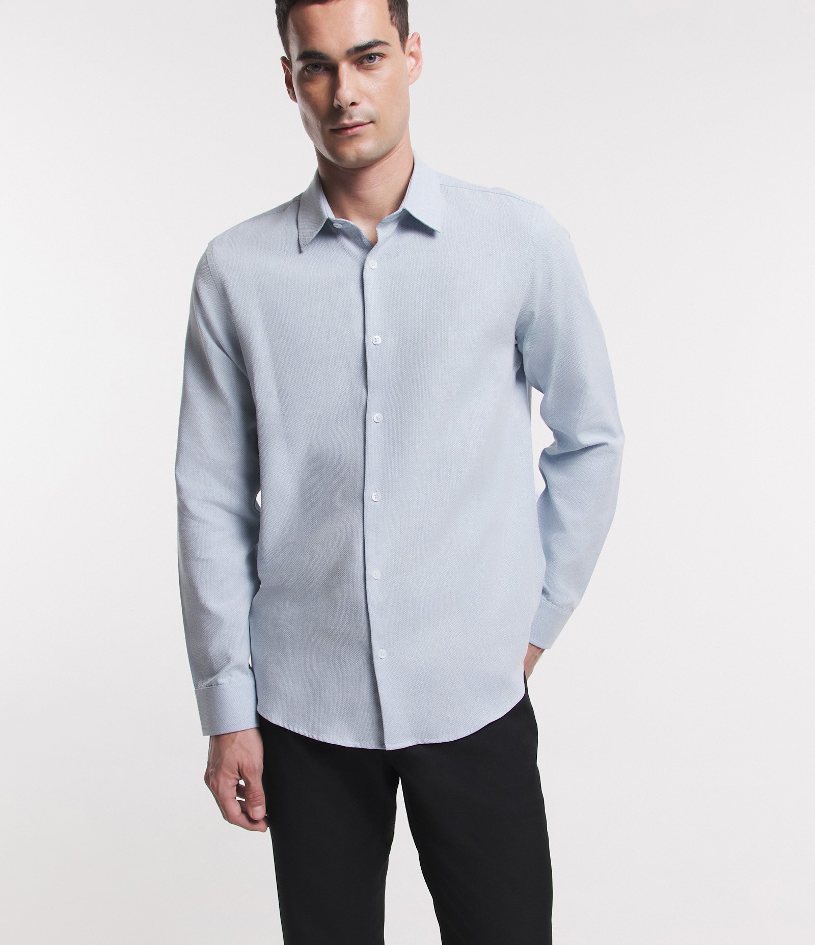 Camisa Regular com Textura Maquinetada e Gola Colarinho Azul Bebê 4
