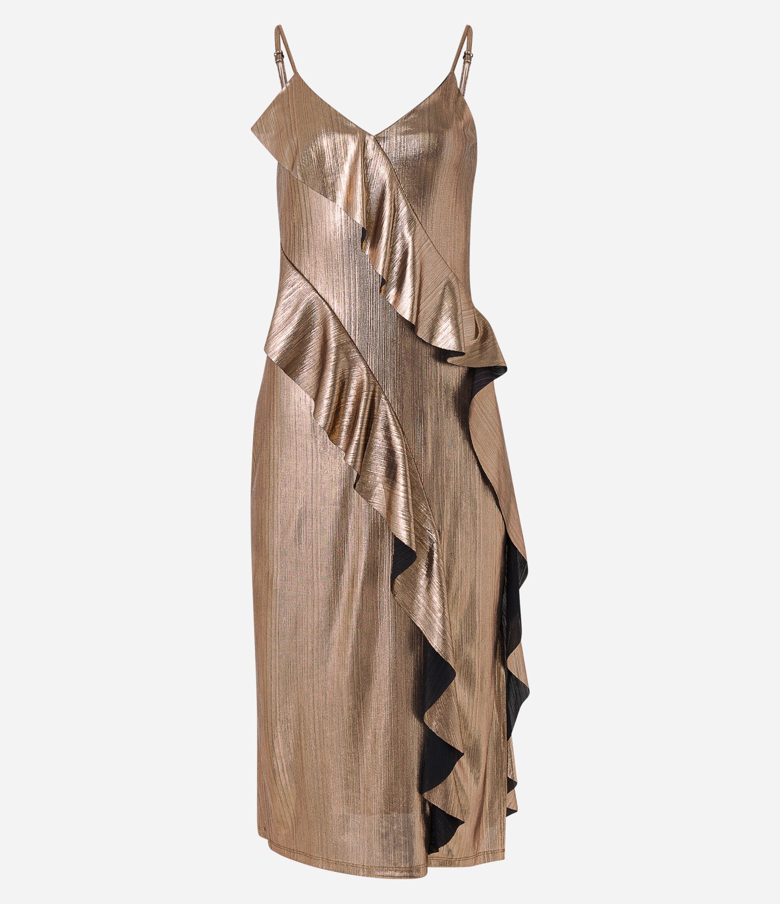 Vestido Midi Texturizado em Tecido Metalizado com Babados Dourado 1