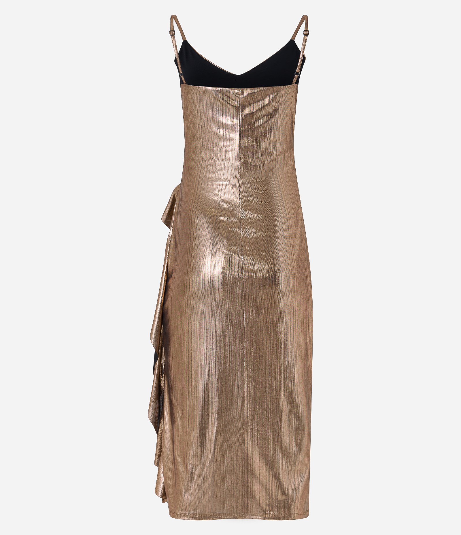 Vestido Midi Texturizado em Tecido Metalizado com Babados Dourado 2