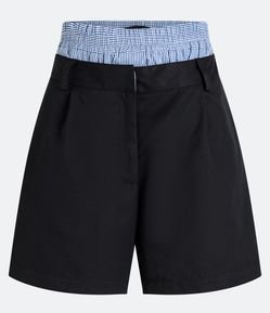 Bermuda Alongada com Pregas e Cós Duplo em Tecidos Diferentes