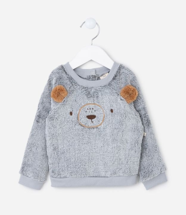 Blusão Infantil em Fleece com Bordado Cara de Urso - Tam 0 a 18 meses