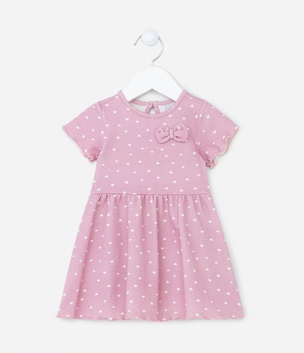Vestido Infantil Canelado com Lacinho e Estampa de Corações - Tam 0 a 18 meses Rosa 1