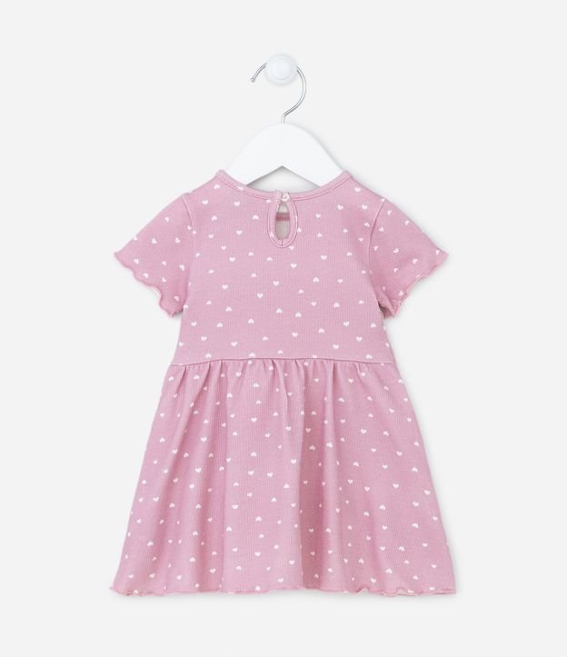 Vestido Infantil Canelado com Lacinho e Estampa de Corações - Tam 0 a 18 meses Rosa 2