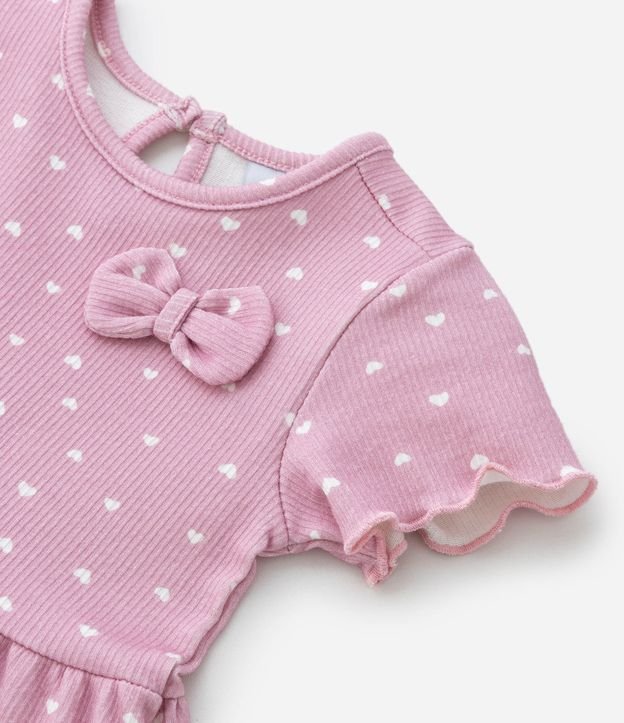 Vestido Infantil Canelado com Lacinho e Estampa de Corações - Tam 0 a 18 meses Rosa 5