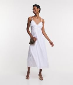 Vestido Longo de Alça em Voal com Renda no Decote V
