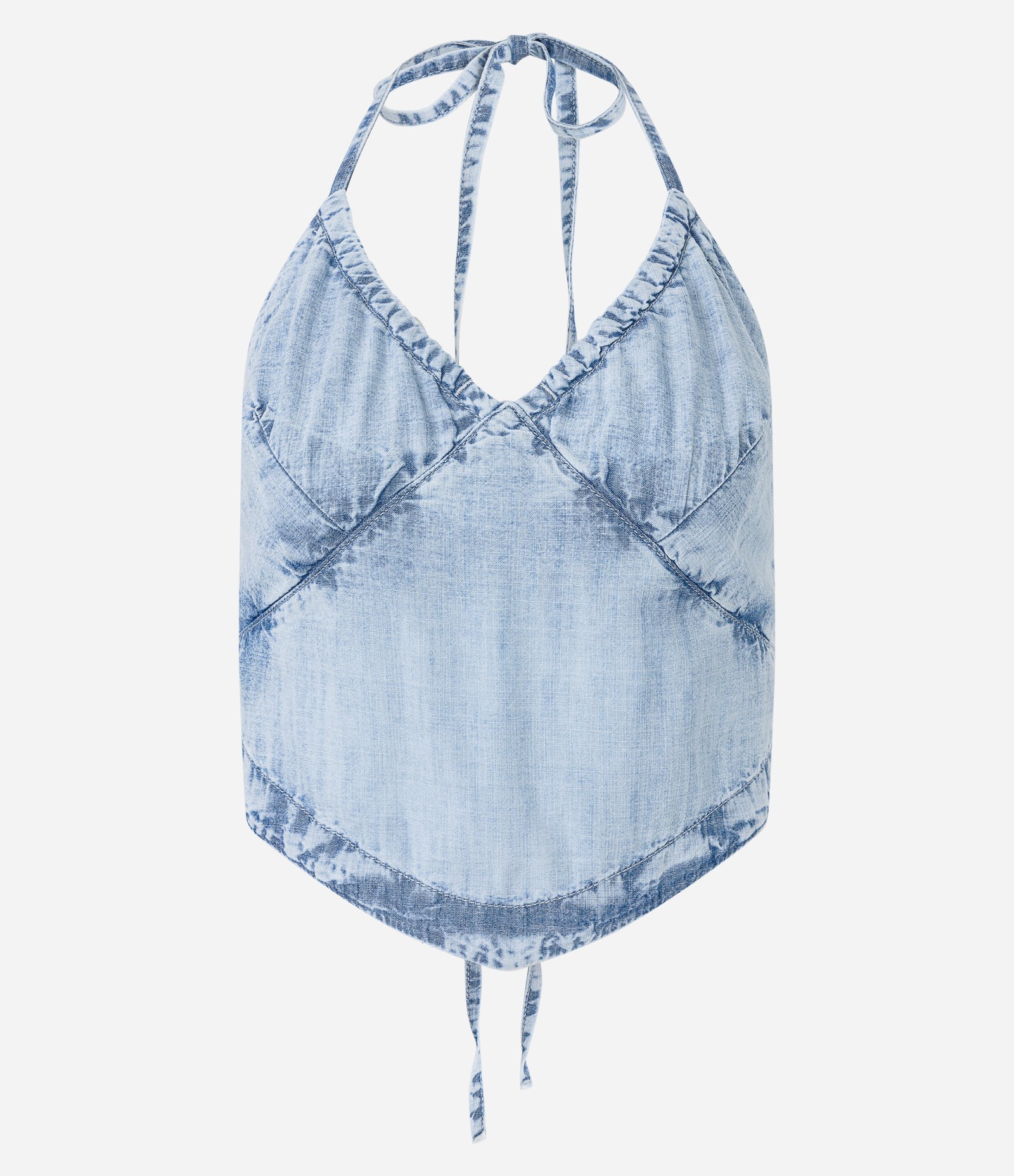 Blusa Cropped Jeans com Busto Marcado e Amarração no Pescoço Azul 6