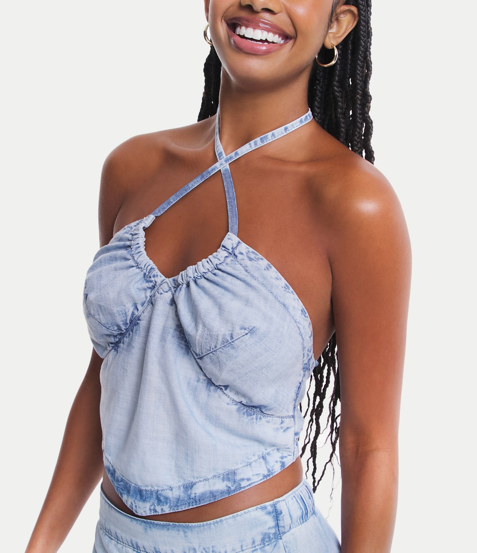 Blusa Cropped Jeans com Busto Marcado e Amarração no Pescoço Azul 5