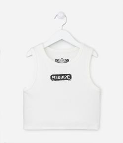 Blusa Regata Cropped Infantil Canelada com Estampa Rebelde - Tam 7 a 14 Anos