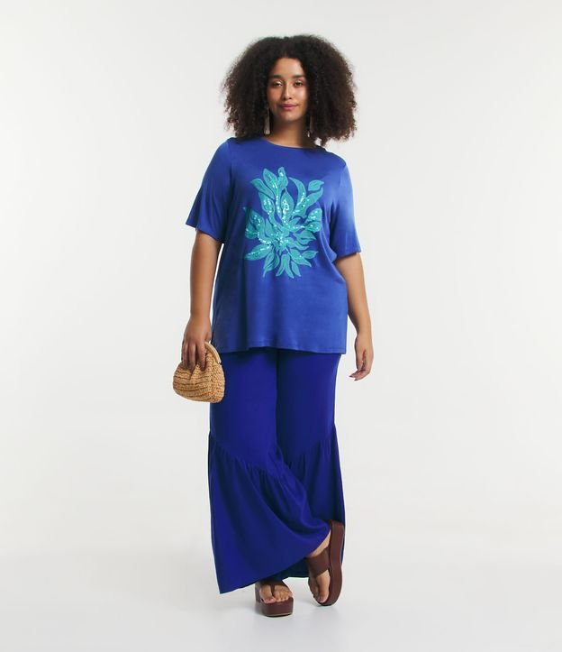 Blusa em Tricô Leve com Estampa Folhagem e Aplicação Paetê Curve & Plus Size Azul 2