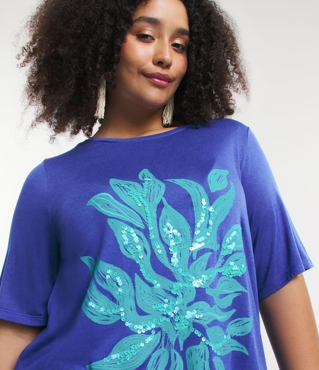 Blusa em Tricô Leve com Estampa Folhagem e Aplicação Paetê Curve & Plus Size Azul 4