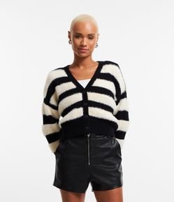 Cardigan Curto em Tricô com Pelinhos e Listras