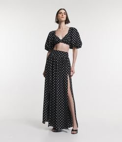 Saia Longa em Crepe com Fenda Profunda e Poás Estampados