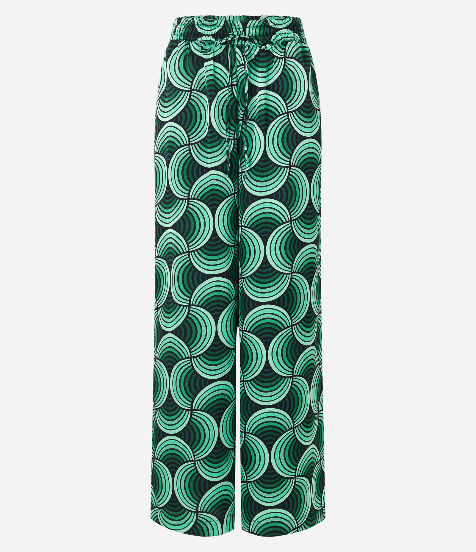 Calça Wide Leg Acetinada com Amarração e Estampa Geométrica Verde 5