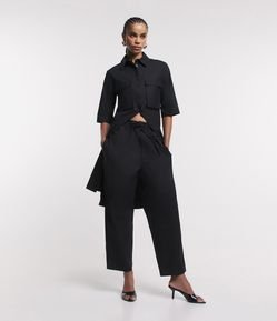 Calça Reta em Tricoline com Cós Clochard e Amarração