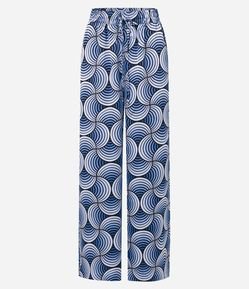 Calça Wide Leg Acetinada com Amarração e Estampa Geométrica