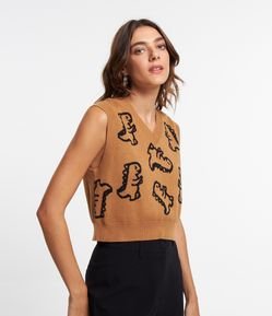 Colete Curto em Tricô e Estampa Dinossauros