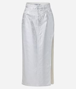 Saia Midi em Sarja Foil com Abertura Frontal