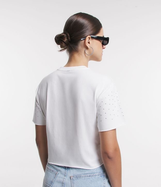 Blusa Cropped em Meia Malha com Brilhos Aplicados Branco 3