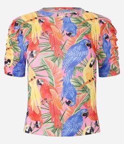 Blusa em Ribana Franzidinho na Manga e Estampa de Araras