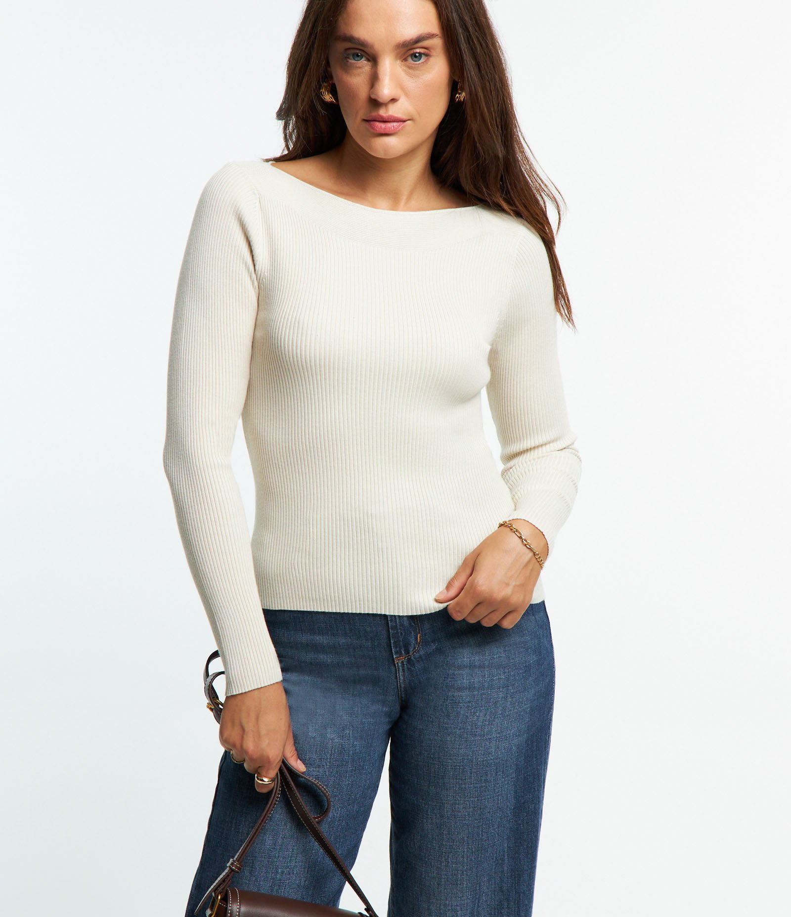 Blusa em Tricô com Gola Canoa e Textura Canelada Off White 1