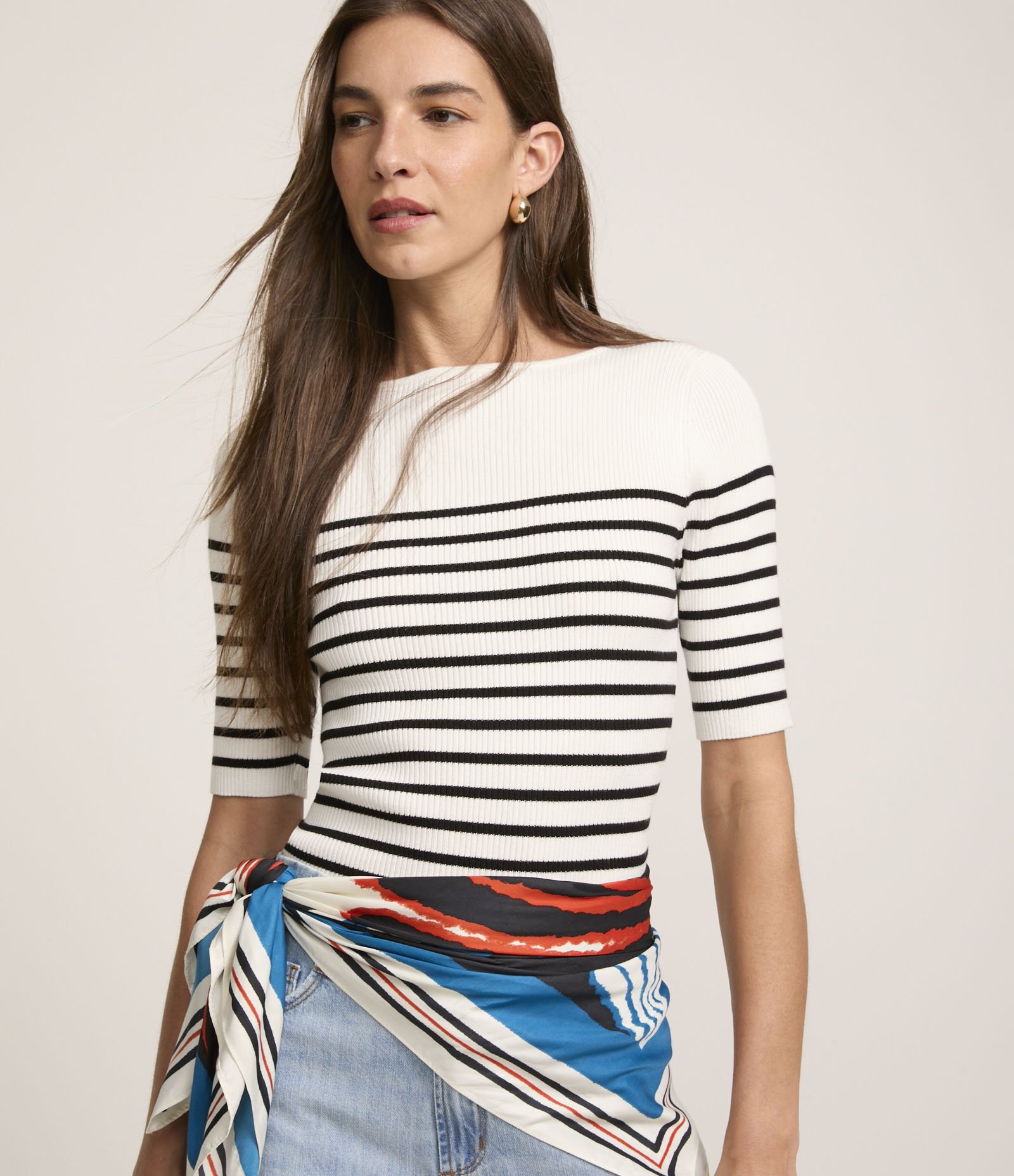 Blusa em Tricõ com Textura Canelada e Estampa Listrada Branco Neve 1