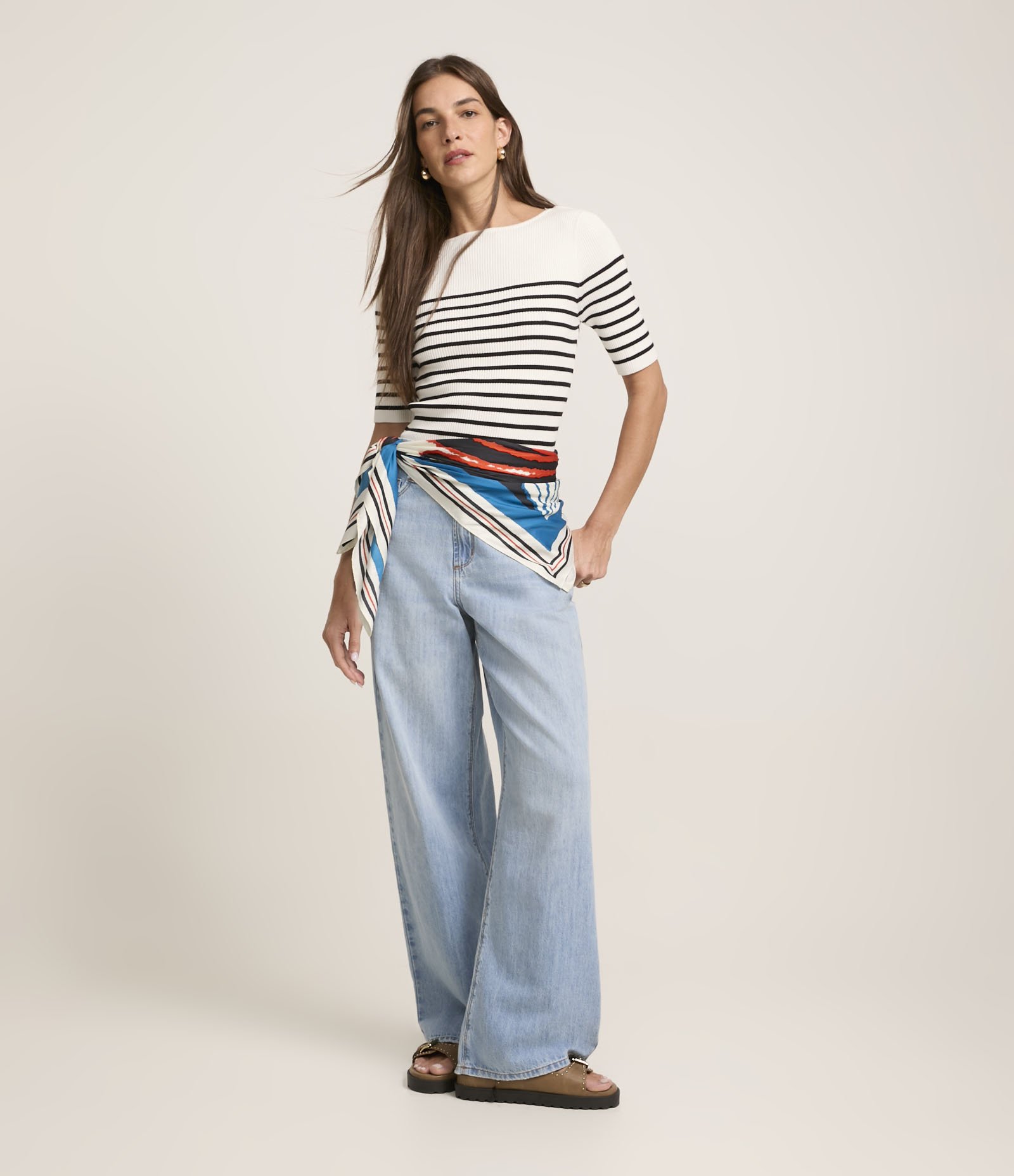 Blusa em Tricõ com Textura Canelada e Estampa Listrada Branco Neve 2