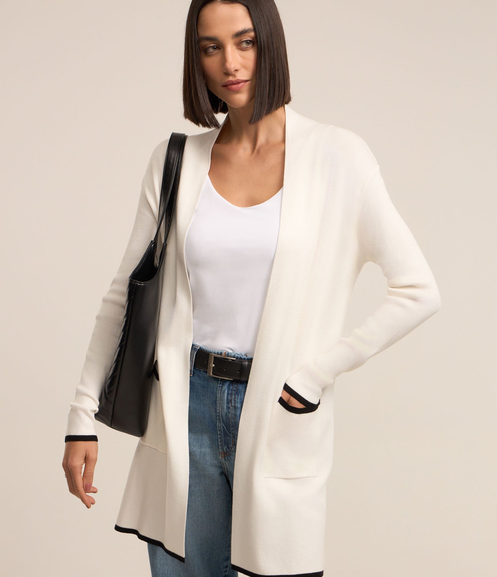Cardigan Alongado em Tricô com Detalhes Contrastantes Branco Neve 1