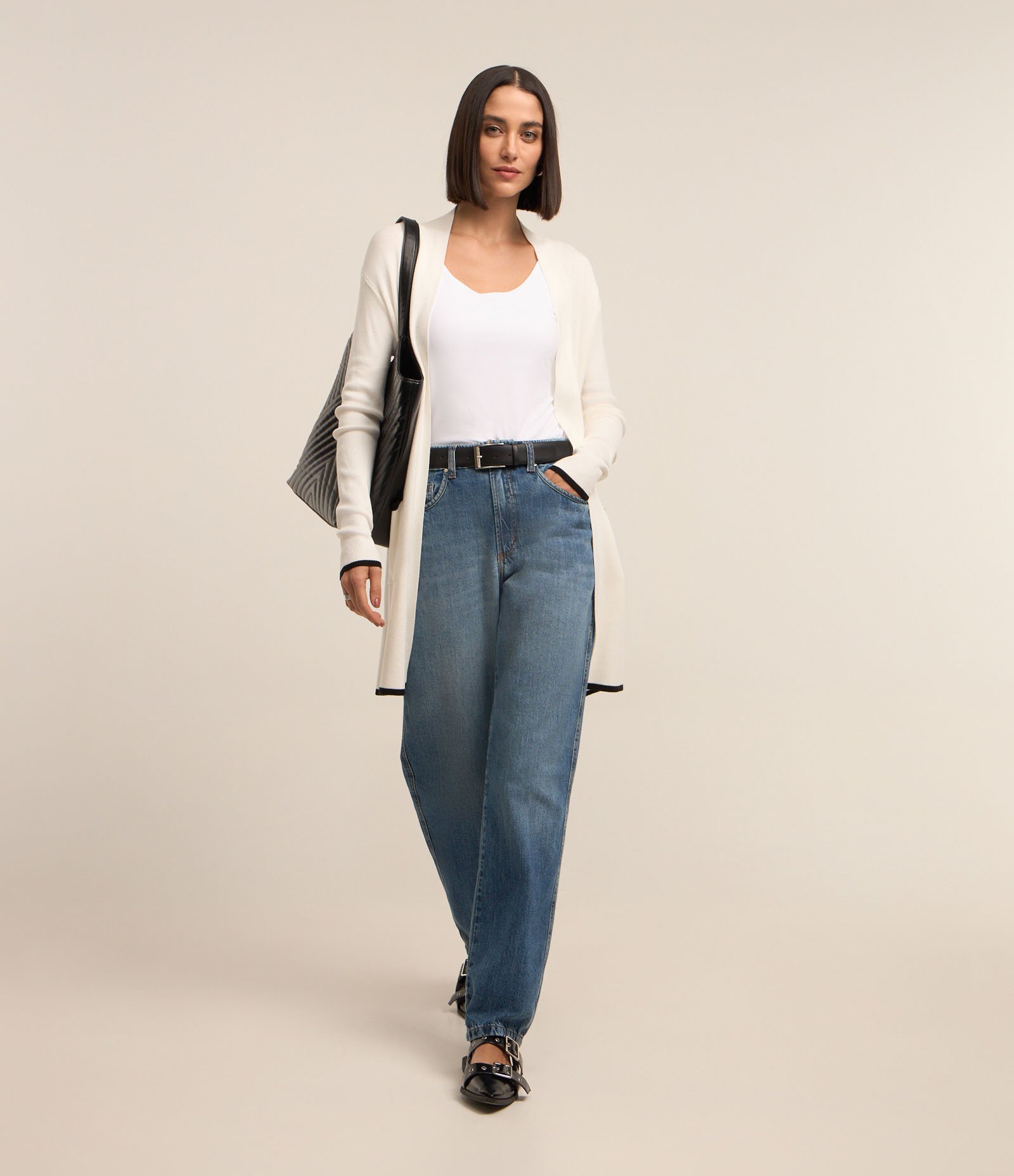 Cardigan Alongado em Tricô com Detalhes Contrastantes Branco Neve 2
