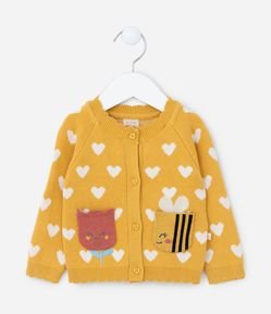 Suéter Infantil em Tricô com Bolsinhos de Flor e Abelhinha - Tam 0 a 18 meses